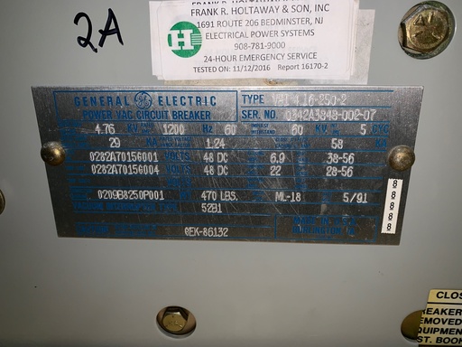 [041704] 1200 Amp, GENERAL ELECTRIC, VB1 4.16-250-2, 4160 V., 1991, 48 VDC, ML-18:1