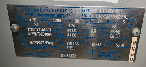 [041706] 1200 Amp, GENERAL ELECTRIC, VB1 4.16-250-2, 4160 V., 1991, 48 VDC, ML-18:1