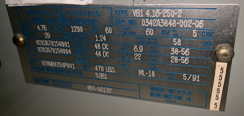 [041707] 1200 Amp, GENERAL ELECTRIC, VB1 4.16-250-2, 4160 V., 1991, 48 VDC, ML-18:1
