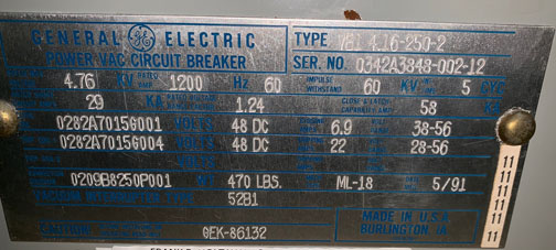 [041708] 1200 Amp, GENERAL ELECTRIC, VB1 4.16-250-2, 4160 V., 1991, 48 VDC, ML-18:1