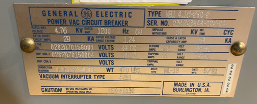 [041709] 1200 Amp, GENERAL ELECTRIC, VB1 4.16-250-2, 4160 V., 1991, 48 VDC, ML-18:1