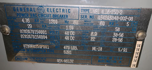 [041711] 1200 Amp, GENERAL ELECTRIC, VB1 4.16-250-2, 4160 V., 1991, 48 VDC, ML-18 MECH:1