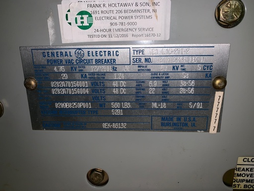 [041712] 12/2000 Amp, GENERAL ELECTRIC, VB1 4.16-250-2, 4160 V., 1991, 48 VDC, ML-18 MECH:1