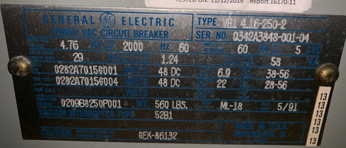 [041714] 2000 Amp, GENERAL ELECTRIC, VB1 4.16-250-2, 4160 V., 1991, 48 VDC, ML-18 MECH:1