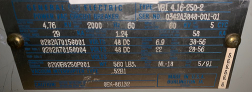 [041715] 2000 Amp, GENERAL ELECTRIC, VB1 4.16-250-2, 4160 V., 1991, 48 VDC, ML-18 MECH:1