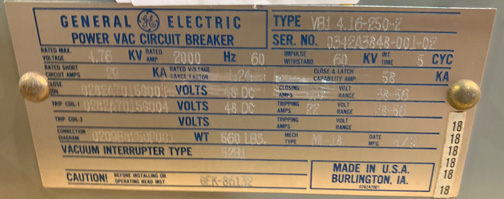 [041716] 2000 Amp, GENERAL ELECTRIC, VB1 4.16-250-2, 4160 V., 1991, 48 VDC, ML-18 MECH:1