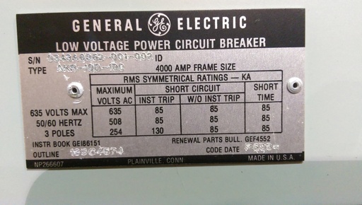 [041719] 4000 Amp, GENERAL ELECTRIC, AKR-10D-100, 480 V., M/O, D/O, MVT PLUS TRIP LIG