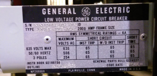 [041721] 2000 Amp, GENERAL ELECTRIC, AKRT-10D-50H, 480 V., M/O, D/O, MVT PLUS TRIP:1