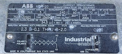 [041750] 34500 V ABB TYPE KOR-20 CURRENT TRANSFORMER, 1200:5 RATIO, STYLE 7524A22G21:3