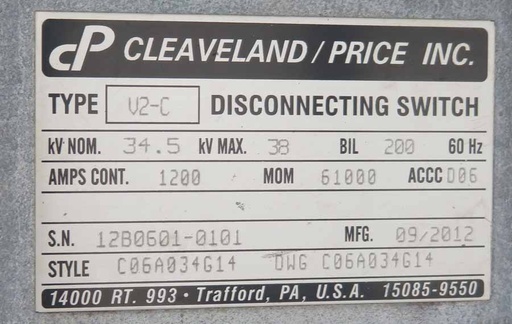 [041784] 1200 Amp, CLEAVELAND/PRICE, No. V2-C, 34500 V., 2012, DISCONNECT SWITCH:1