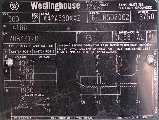 [041831] 300 KVA, Pri 4160 D, Sec 208Y/120, WESTINGHOUSE, DEAD FRONT/RADIAL FEED:1