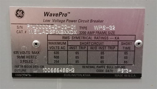 [041837] 3200 Amp, GENERAL ELECTRIC, WPS-32, 480 V., 120 VAC CLOSE/125 VDC TRIP, D/O:1