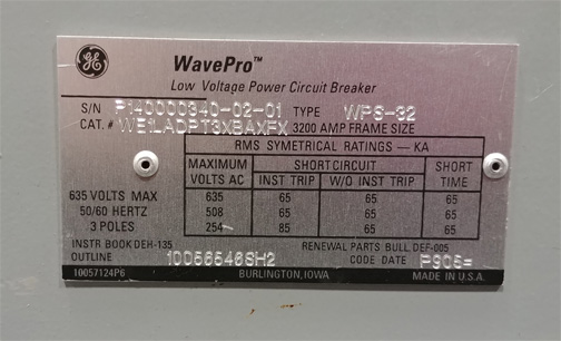 [041840] 3200 Amp, GENERAL ELECTRIC, WPS-32, 480 V., 240 VAC CLOSE & TRIP, DRAW-OUT:1