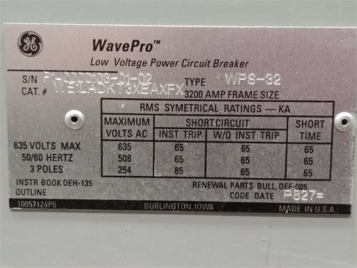 [041841] 3200 Amp, GENERAL ELECTRIC, WPS-32, 480 V., 240 VAC CLOSE & TRIP, D/O:1