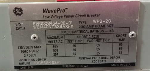 [041842] 2000 Amp, GENERAL ELECTRIC, WPS-20, 480 V., 240 VAC CLOSE & TRIP, DRAW-OUT:1