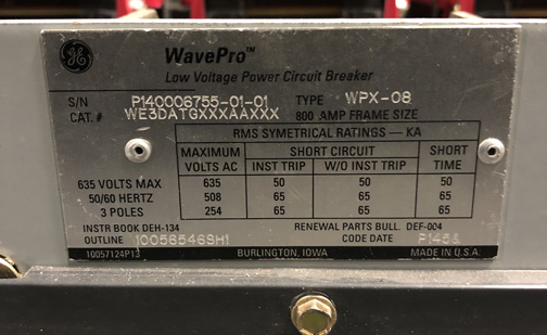 [041859] 800 Amp, GENERAL ELECTRIC, WPX-08, 480 V. MANUALLY OPERATED, DRAW-OUT:1