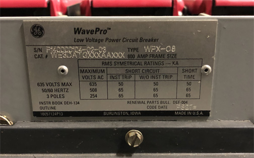 [041861] 800 Amp, GENERAL ELECTRIC, WPX-08, 480 V. MANUALLY OPERATED, DRAW-OUT:1