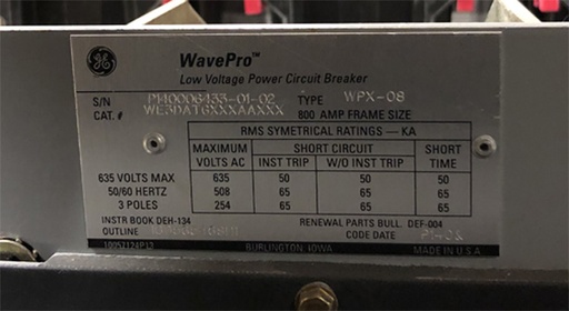 [041864] 800 Amp, GENERAL ELECTRIC, WPX-08, 480 V. MANUALLY OPERATED, DRAW-OUT:1