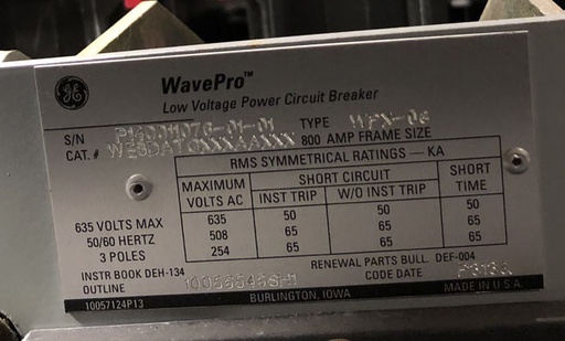 [041865] 800 Amp, GENERAL ELECTRIC, WPX-08, 480 V. MANUALLY OPERATED, DRAW-OUT:1