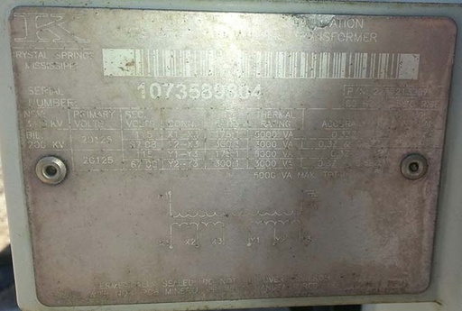 [041918] KUHLMAN HERMETICALLY SEALED VOLTAGE TRANSFORMER, PRI. 20125/34500 V, Sec. 115 V,