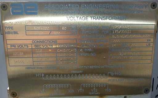 [041919] KUHLMAN HERMETICALLY SEALED VOLTAGE TRANSFORMER, PRI. 20125/34500 V, Sec. 115 V,