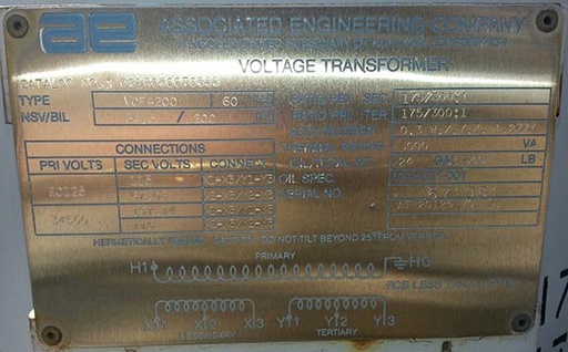 [041920] KUHLMAN HERMETICALLY SEALED VOLTAGE TRANSFORMER, PRI. 20125/34500 V, Sec. 115 V,