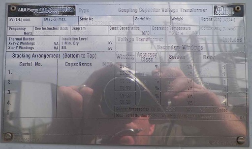 [041931] ABB COUPLING CAPACITOR VOLTAGE TRANSFORMERS TYPE PCA-3, 138/84 KV, 1200:1/693:1