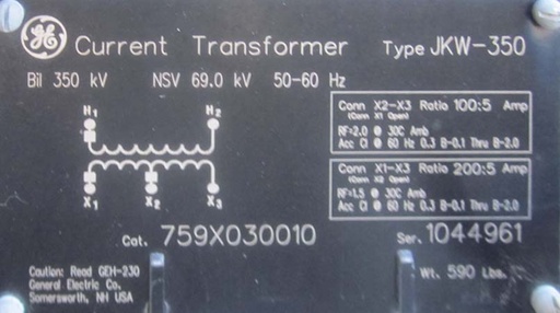 [041934] GENERAL ELECTRIC JKW-350 CT, 69000 V, 100/200:5, SINGLE BUSHING, 759X030010:2