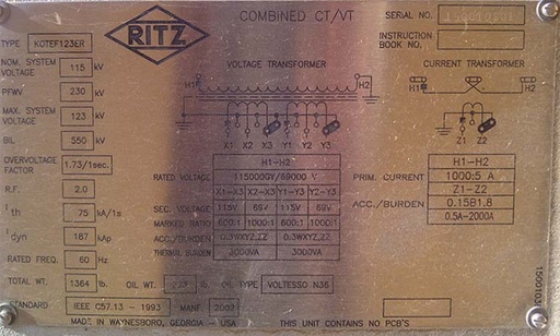 [041939] RITZ COMBINED CT/VT, 115/69 KV PRI, Sec. 115/69 V, 2002, 600/1000:1, 1000:5