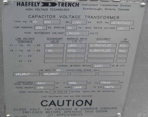 [041940] TRENCH CAPACITOR VOLTAGE TRANSFORMER, 230/138 KV - 115/69 V, 1200/2000:2