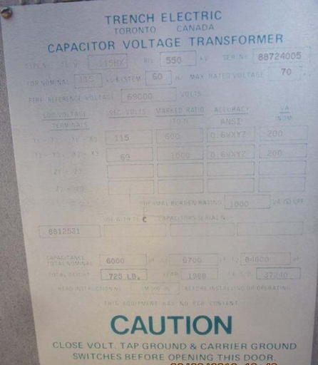 [041947] TRENCH CAPACITOR VOLTAGE TRANSFORMER, 115 KV/69 KV - 115/69V, 600/1000:1
