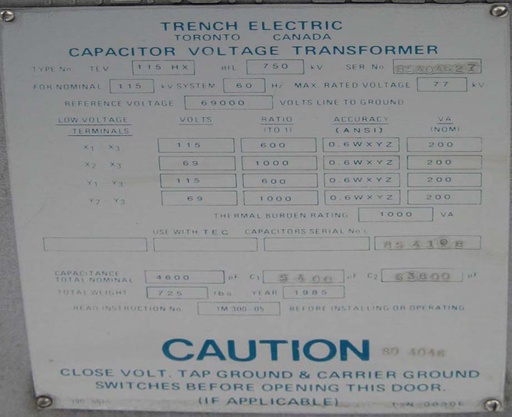 [041956] TRENCH CAPACITOR VOLTAGE TRANSFORMER, 115/69 KV - 115/69 V, 600/1000:1