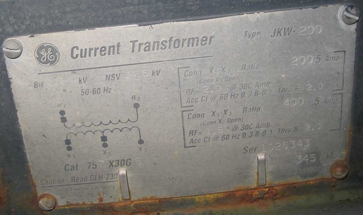 [041963] GENERAL ELECTRIC CT TYPE JKW-200, 34500 V, 200:5 & 400;5, 757X30G8