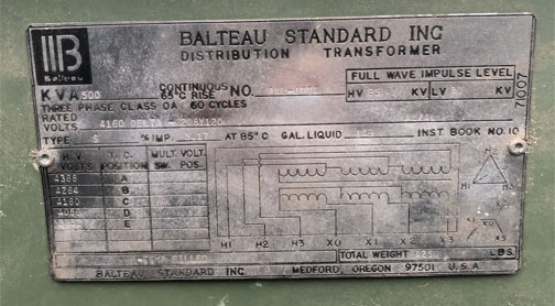 [042016] 500 KVA, Pri 4160 D, Sec 208Y/120, BALTEAU, DEAD FRONT, RADIAL FEED, R-TEMP:1
