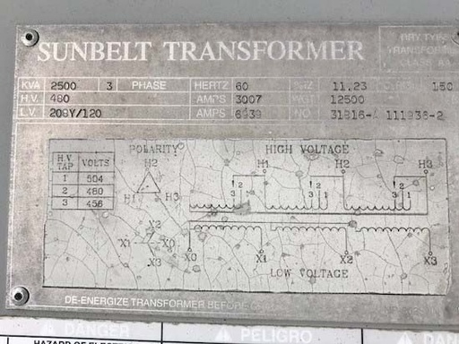 [042025] 2500 KVA, Pri 480 D, Sec 208Y/120, OUTDOOR DRY TYPE:1