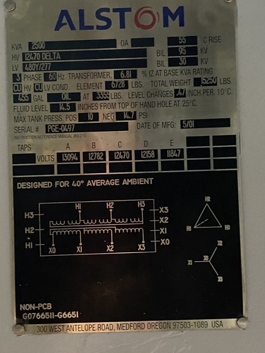 [042049] 2500 KVA, Pri 12470 D, Sec 480Y/277, 2001, ALSTOM, SIDE X SIDE BUSHINGS:1
