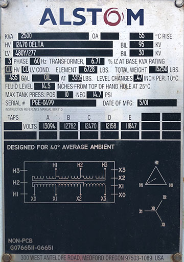 [042050] 2500 KVA, Pri 12470 D, Sec 480Y/277, 2001, ALSTOM, SIDE X SIDE BUSHINGS:1