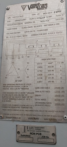 [042057] 10000/11200 KVA, Pri 12470 D, Sec 4160Y/2400, 2014, VANTRAN, LIVE, RADIAL,COPPER