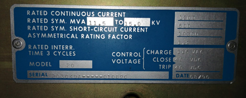[042065] 1200 Amp, ABB, 15VHK500, MODEL 20, 15 KV, 1990, 48 VDC, 115 VAC MOTOR:1