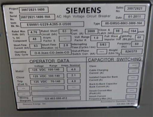 [042100] 3000 Amp, SIEMENS, 05-GMSG-0063-3000-164, 4760 V., 2011, 125 VDC CL/TR/MOT
