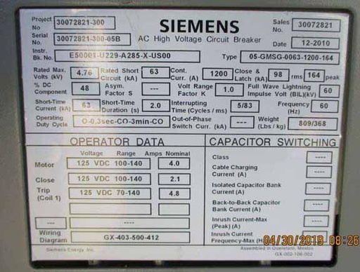 [042107] 1200 Amp, SIEMENS, 05-GMSG-0063-1200-164, 4760 V., 2010, 125 VDC CL/TR/MOT