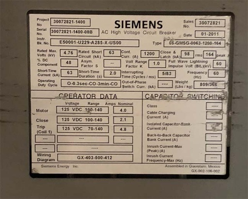 [042111] 1200 Amp, SIEMENS, 05-GMSG-0063-1200-164, 4760 V., 2010, 125 VDC CL/TR/MOT
