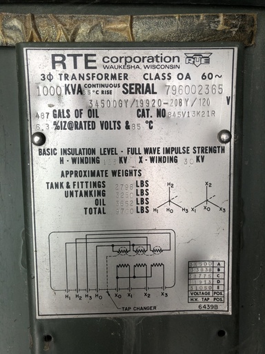[042121] 1000 KVA, Pri 34500GRDY/19920, Sec 208Y/120, RTE, LIVE/RADIAL:1