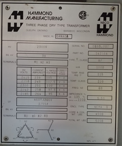 [042128] 1000 KVA, Pri 2300 D, Sec 460Y/266, HAMMOND, NEMA 1, DRY TYPE
