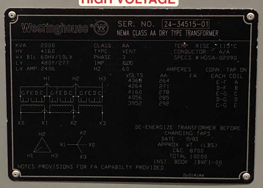 [042139] 2000 KVA, Pri 4160 D, Sec 480Y/277, 1993, WESTINGHOUSE, INDOOR, ALUMINUM:1