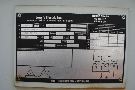 [042185] 2500 KVA, Pri 33000 D, Sec 240 D, JERRYS ELECTRIC, TOP X TOP BUSHINGS:1