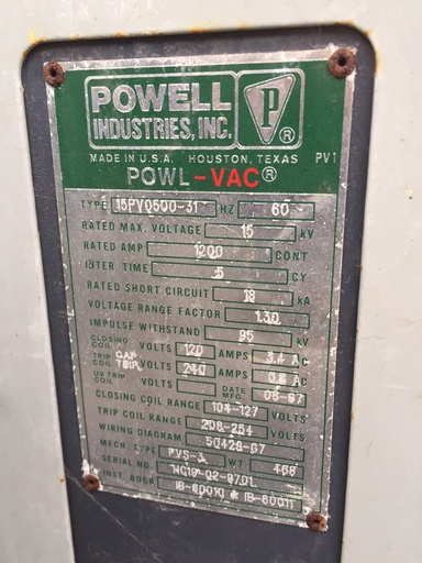 [042189] 1200 Amp, POWELL, 15PV0500-31, 15 KV, 1997, 125 VDC CLOSE, 240 VDC TRIP, PVS-3:1