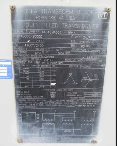 [042198] 16000/20000 KVA, Pri 12000 D, Sec 4160Y/2400, 2001, VIRGINIA, COPPER:1