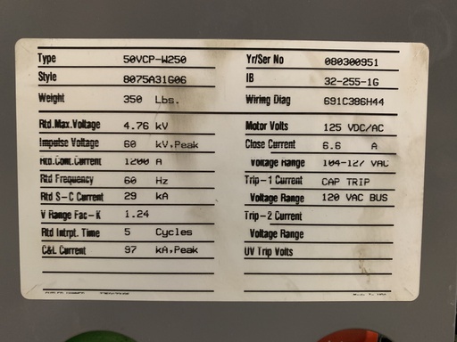 [042207] 1200 Amp, EATON/CUTLER HAMMER, 50VCPW-250, 4160 V., 2008, 120 VAC CLSE & CAP TRP