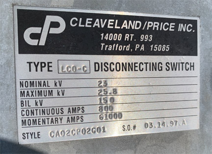 [042221] 800 Amp, CLEAVELAND/PRICE, No. LCO-C, 23000 V., HOOK-STICK CA02CP02G01